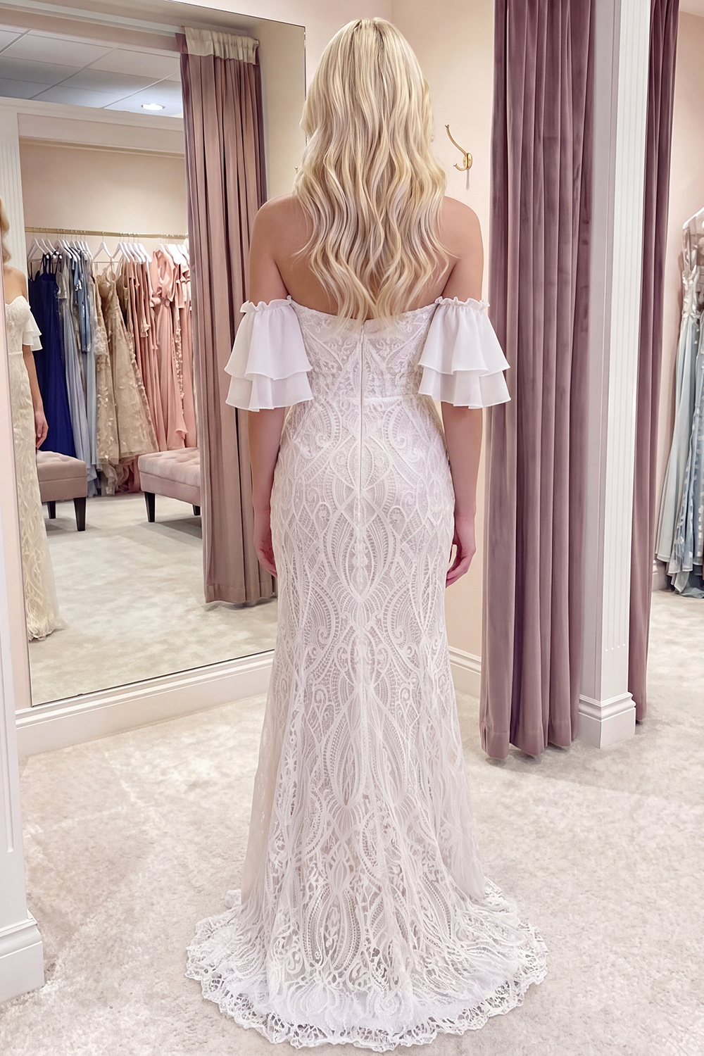 Ivory Mermaid Lace Off the Shoulder Long Graduation Dress with Ruffles