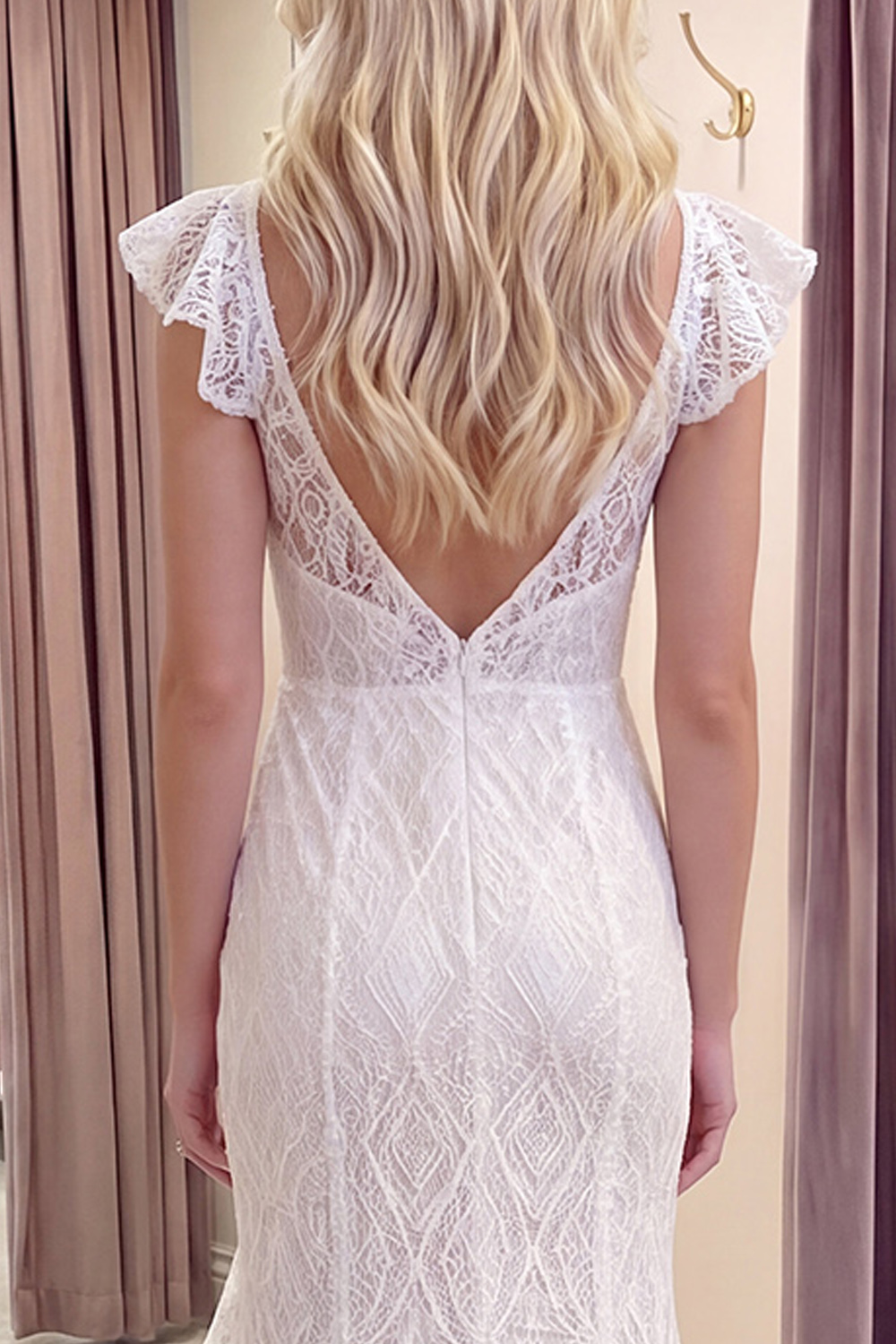Ivory Lace V-Neck Mermaid Long Graduation Dress with Ruffles