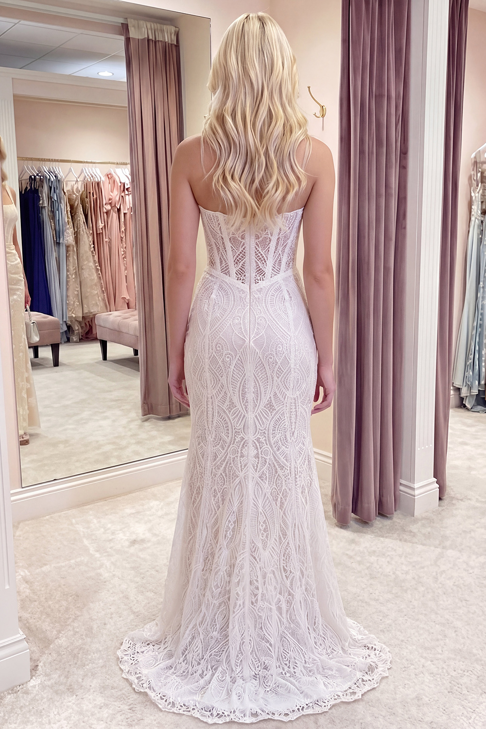 Ivory Corset Strapless Mermaid Long Floral Lace Graduation Dress with Slit
