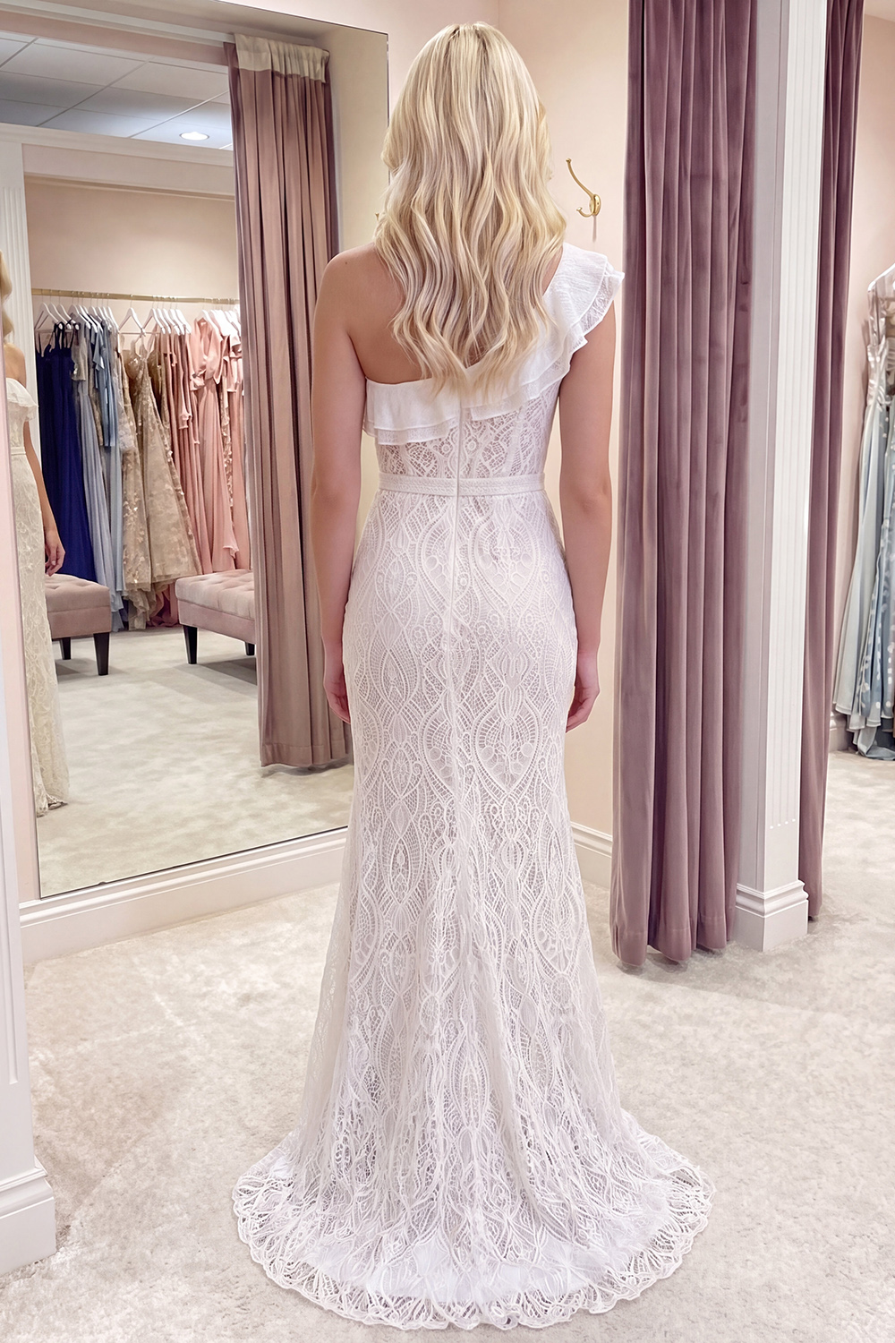 Ivory One Shoulder Mermaid Ruffled Lace Long Graduation Dress with Slit
