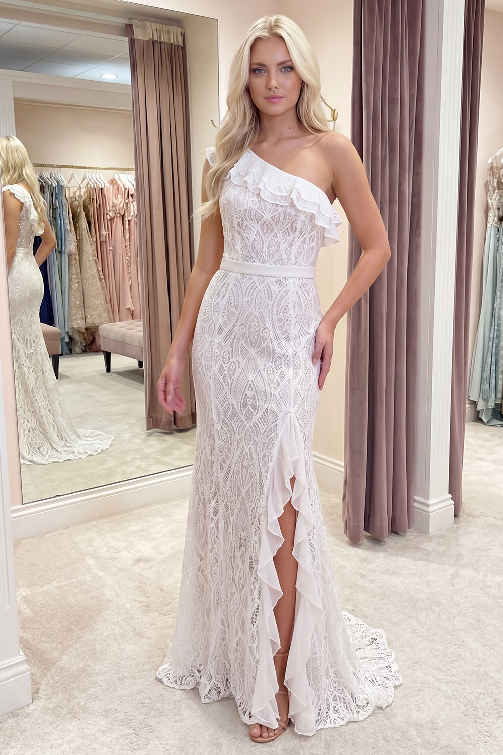 Ivory One Shoulder Mermaid Ruffled Lace Long Graduation Dress with Slit