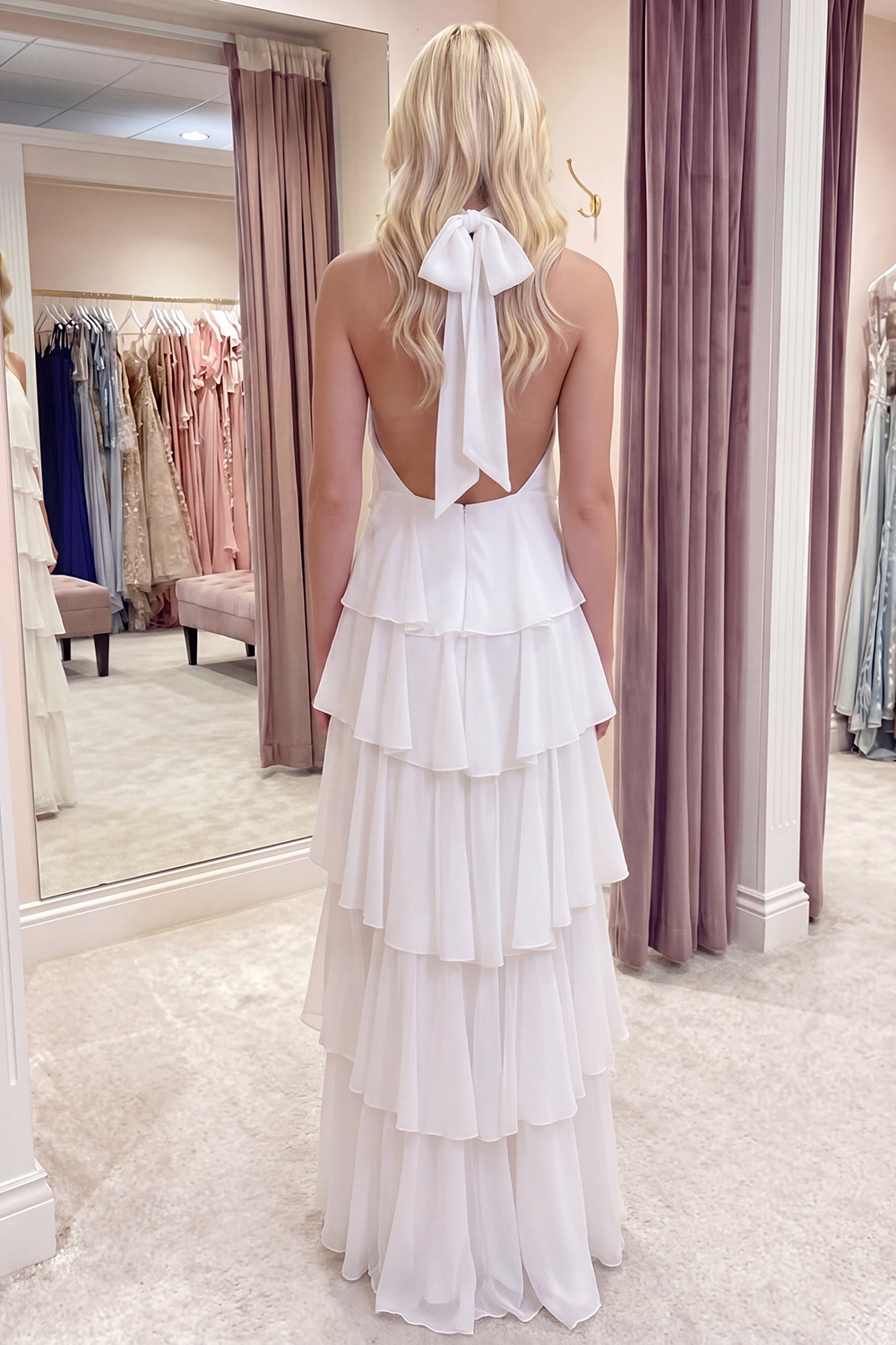 Ivory Halter A Line Long Ruffled Graduation Dress with 3D Flower