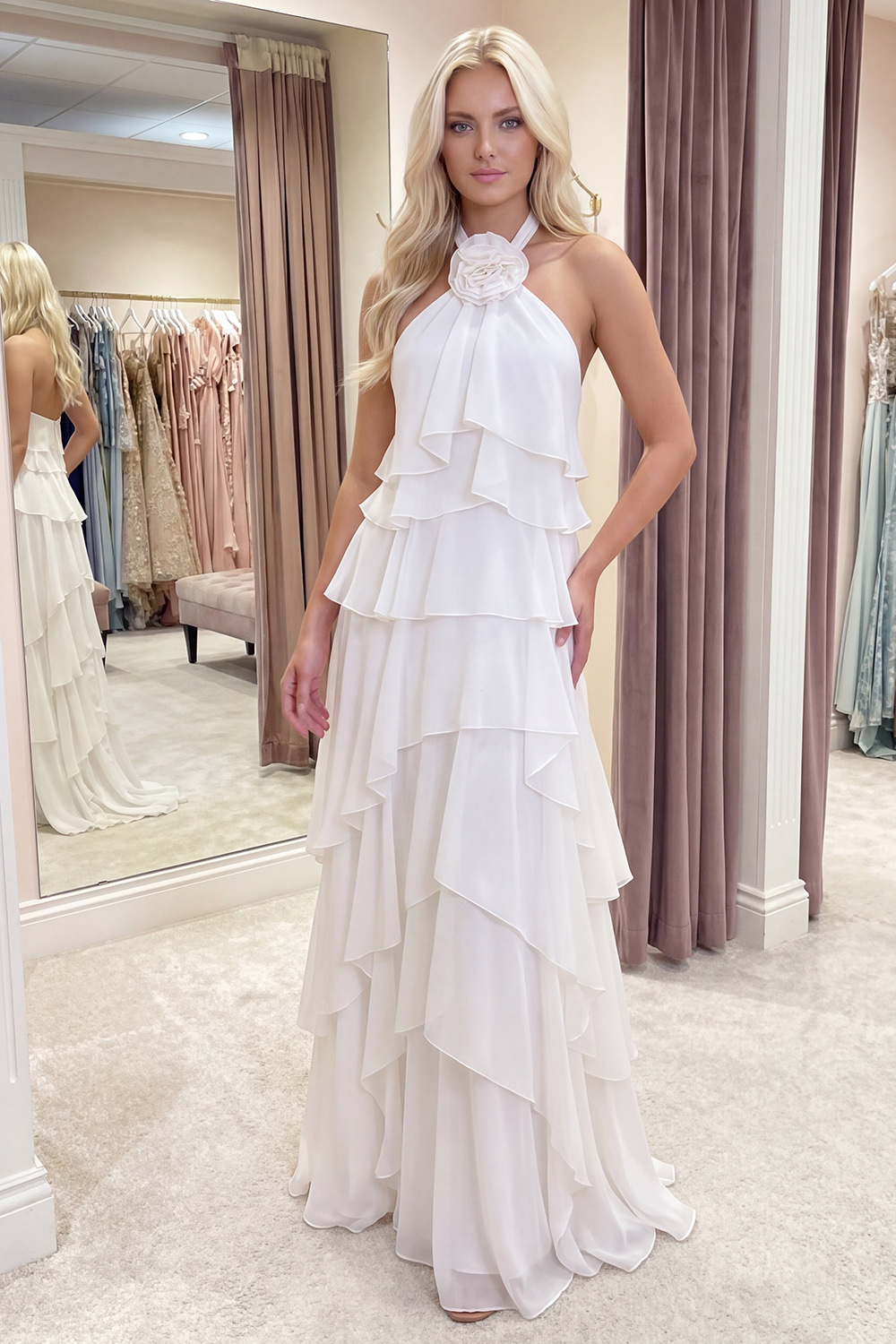 Ivory Halter A Line Long Ruffled Graduation Dress with 3D Flower