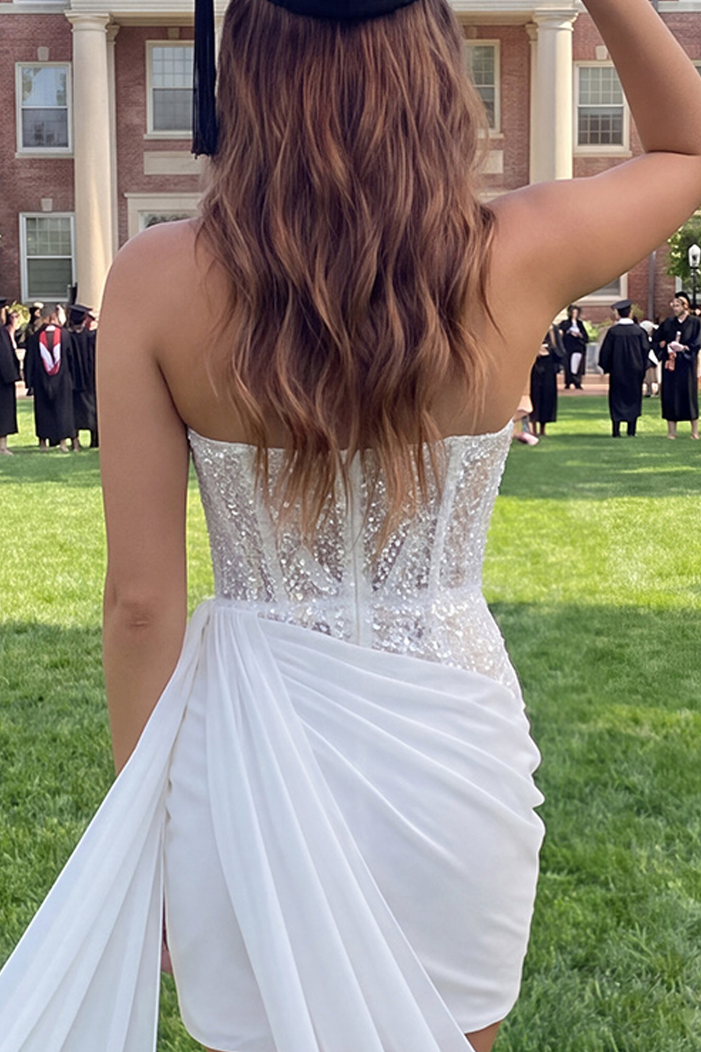 Ivory Tight Short Sparkly Strapless Corset Beaded Graduation Dress with Side Cape