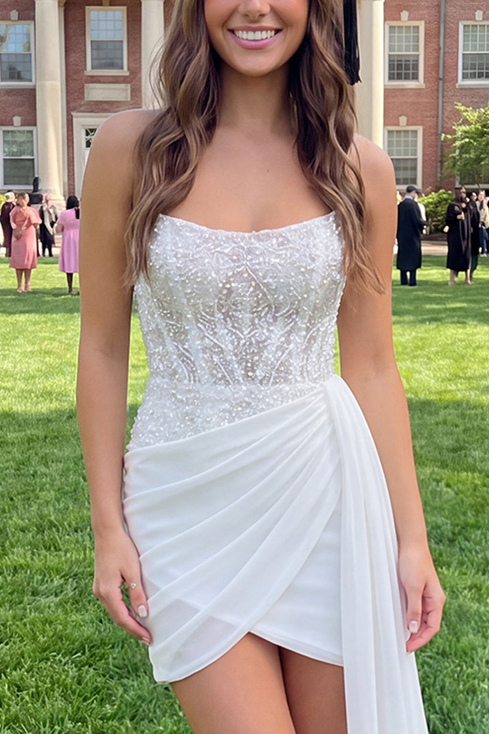 Ivory Tight Short Sparkly Strapless Corset Beaded Graduation Dress with Side Cape