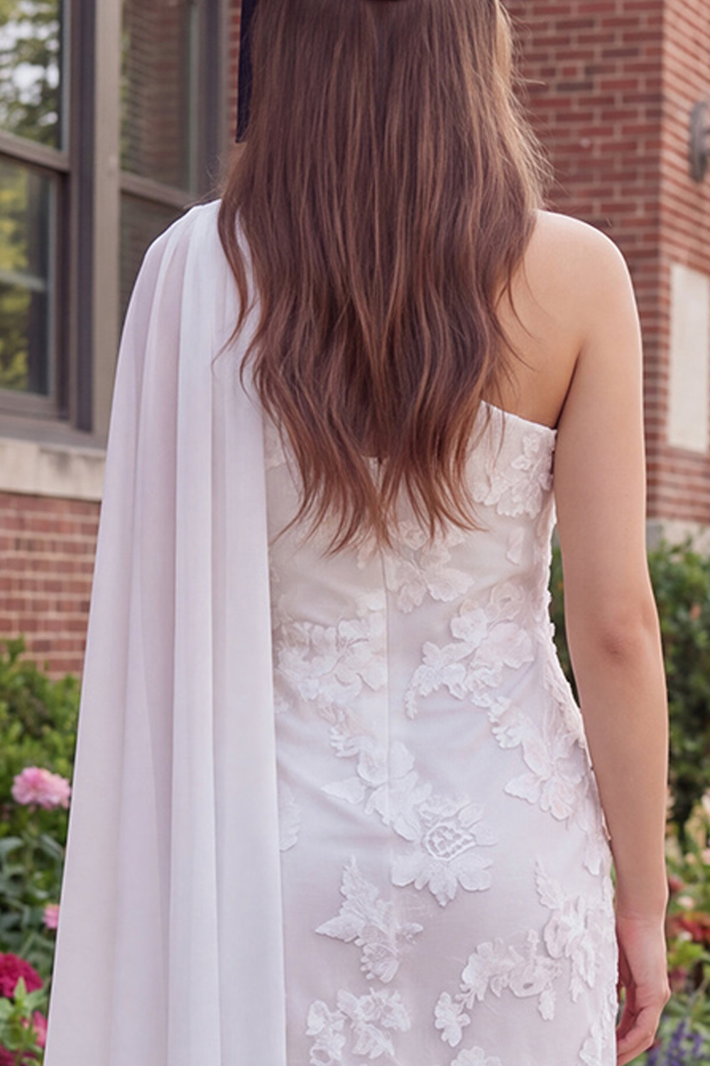 Short Ivory One Shoulder Floral Graduation Dress with Sash