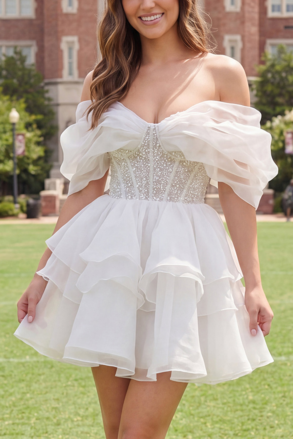Sparkly A Line Short Ivory Corset Beaded Graduation Dress with Ruffles