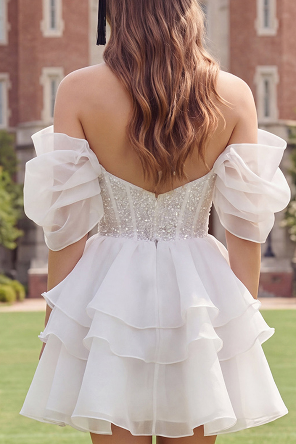 Sparkly A Line Short Ivory Corset Beaded Graduation Dress with Ruffles