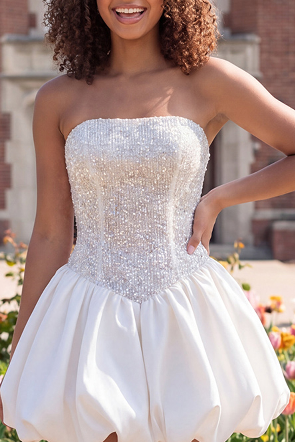 Sparkly Ivory Strapless A Line Short Corset Graduation Dress with Sequins