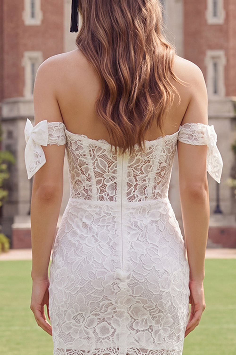 Ivory Short Off the Shoulder Floral Corset Graduation Dress with Bows