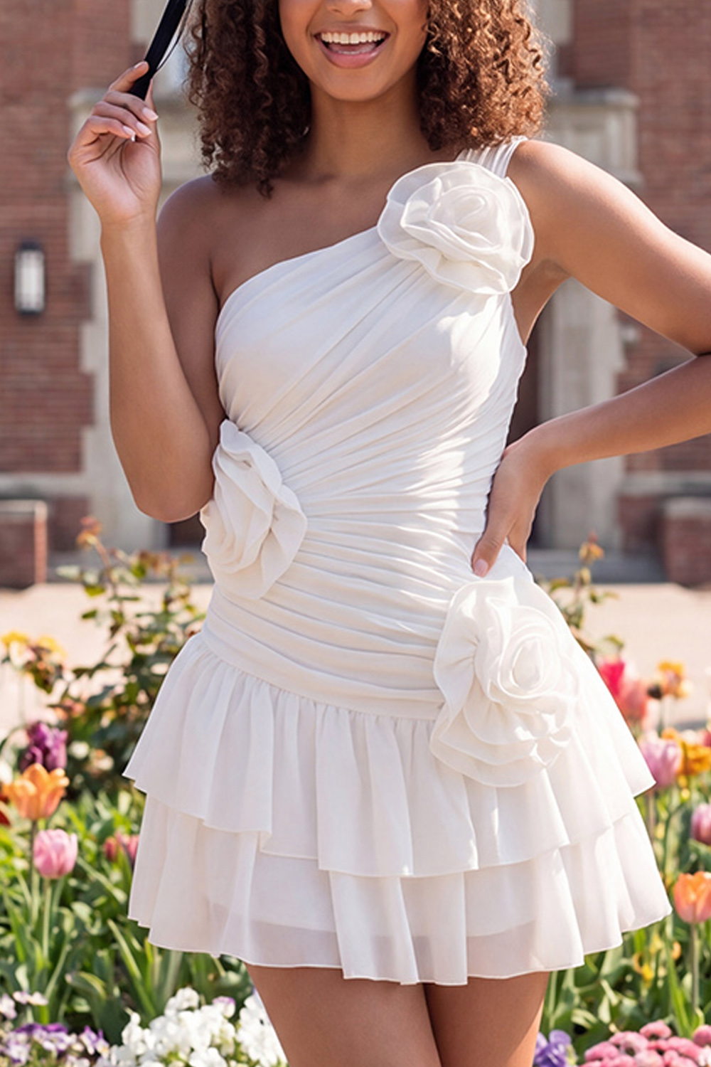 Ivory Ruffled One Shoulder Short Ruched Graduation Dress with 3D Flowers