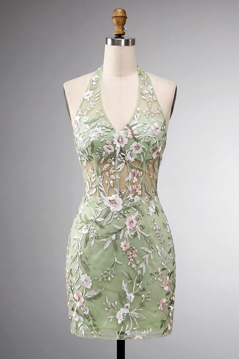 Sage Green Tight Short Floral Corset Halter Homecoming Dress