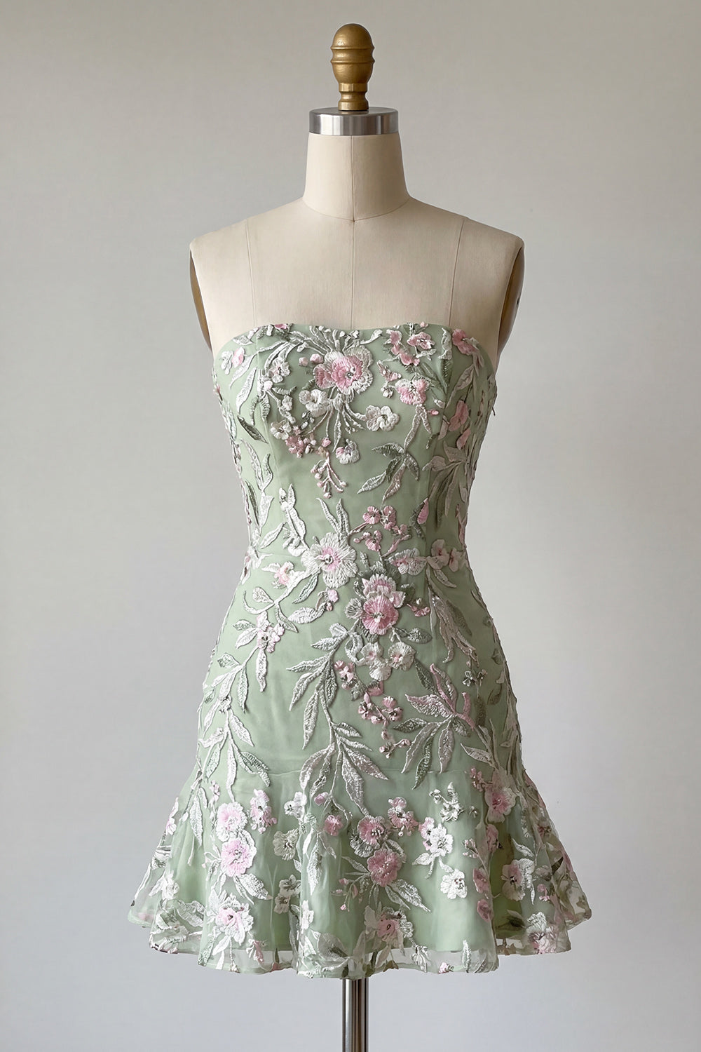 Sage Green Strapless Floral Short Homecoming Dress with Ruffles