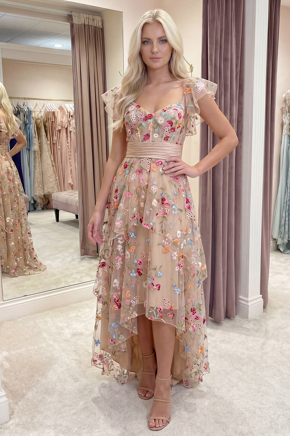 Champagne Floral High Low Corset A Line Formal Dress with Ruffles