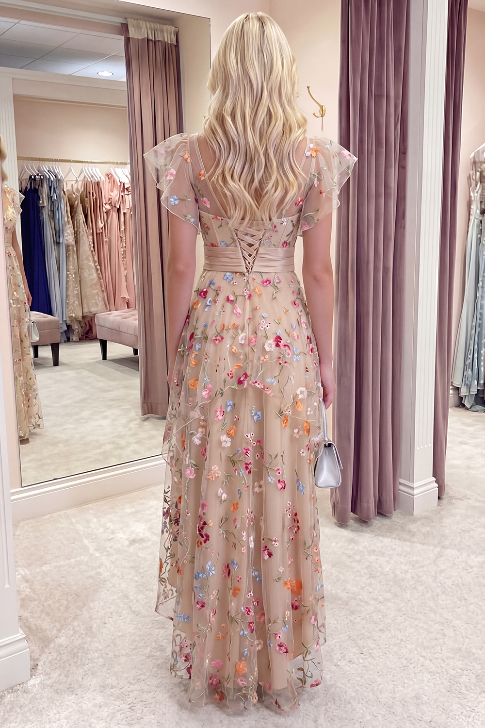 Champagne Floral High Low Corset A Line Formal Dress with Ruffles