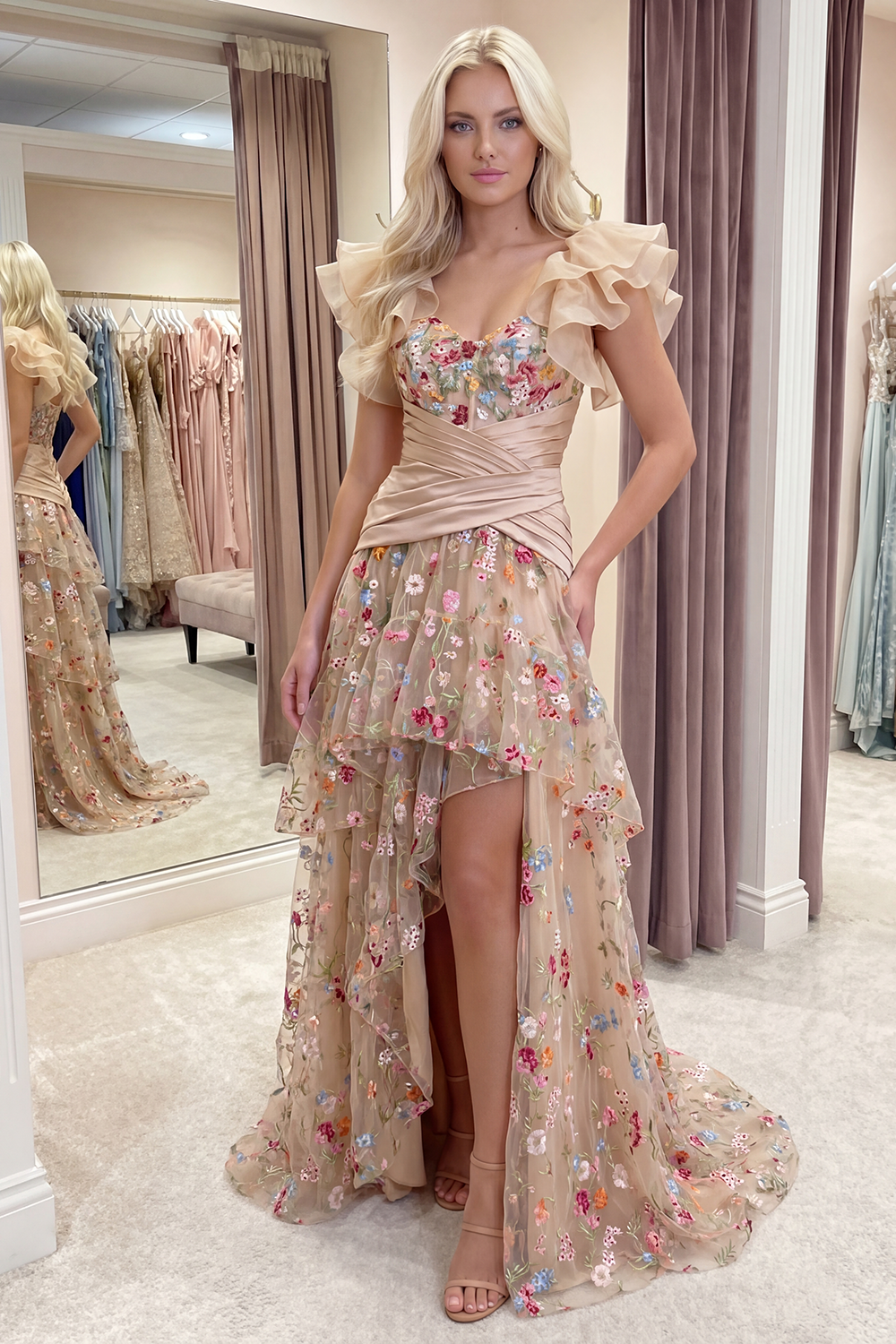 Champagne Floral Corset A Line Ruched High Low Formal Dress with Ruffles