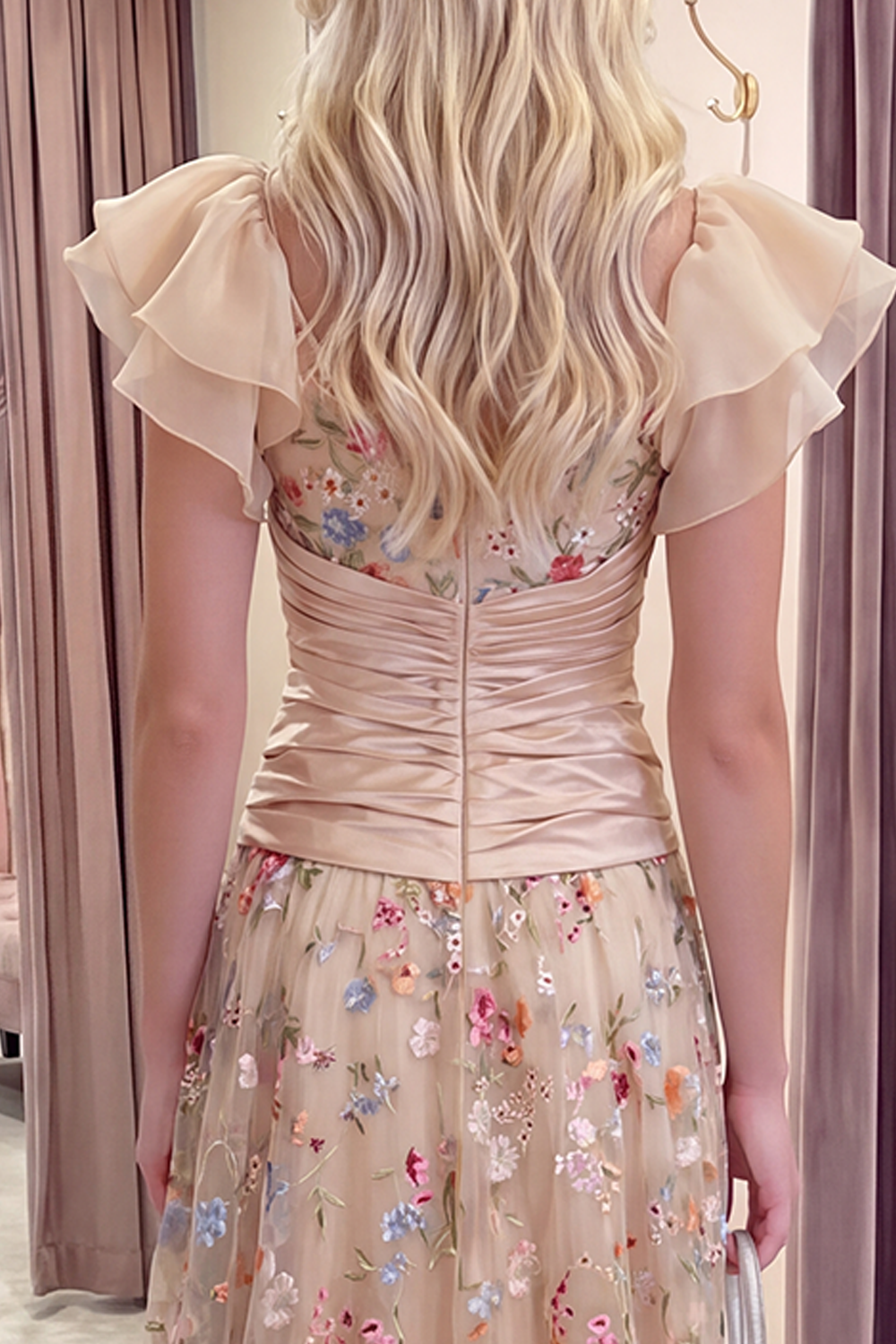 Champagne Floral Corset A Line Ruched High Low Formal Dress with Ruffles