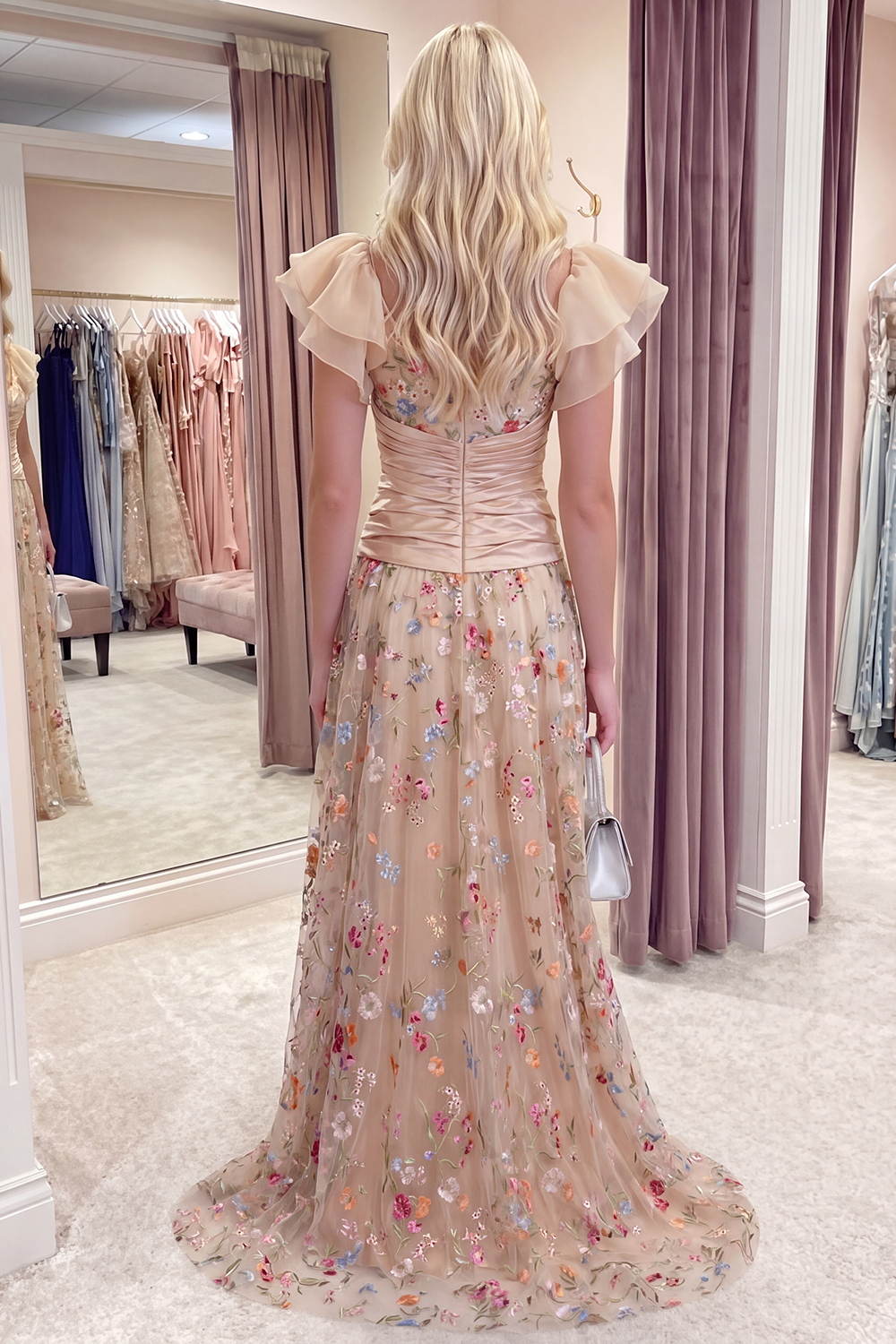 Champagne Floral Corset A Line Ruched High Low Formal Dress with Ruffles