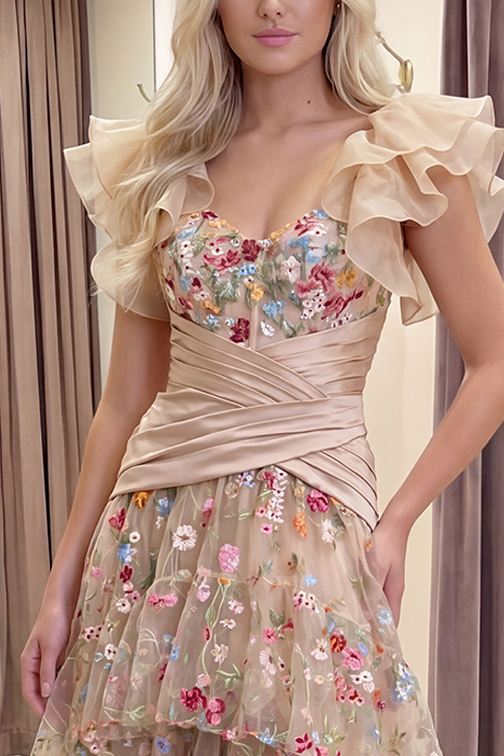 Champagne Floral Corset A Line Ruched High Low Formal Dress with Ruffles