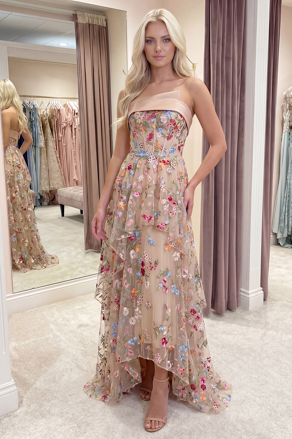 Champagne Strapless Floral Long Corset A Line Formal Dress with Ruffles