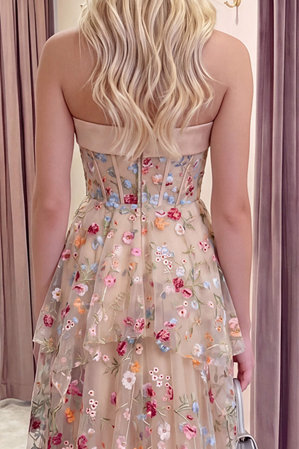 Champagne Strapless Floral Long Corset A Line Formal Dress with Ruffles