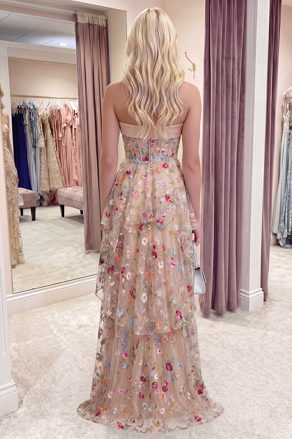 Champagne Strapless Floral Long Corset A Line Formal Dress with Ruffles