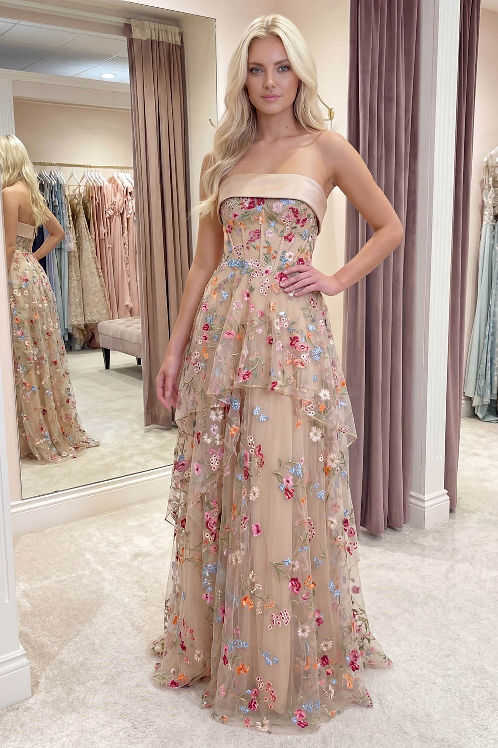 Champagne Ruffled Floral Long Corset A Line Formal Dress with Pockets