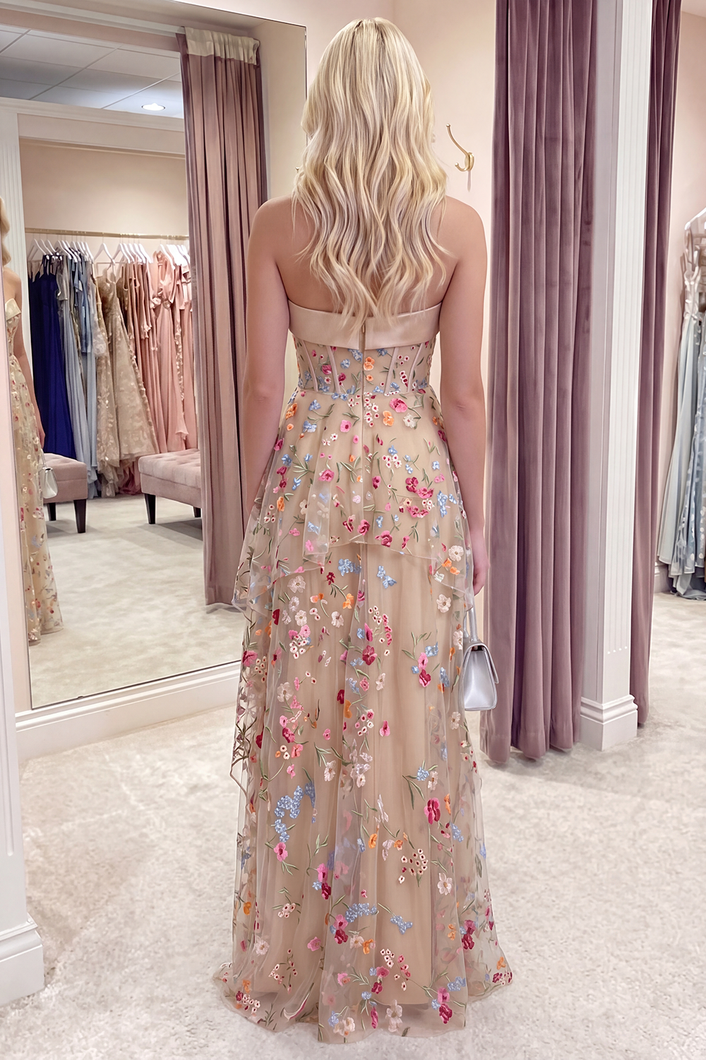 Champagne Ruffled Floral Long Corset A Line Formal Dress with Pockets