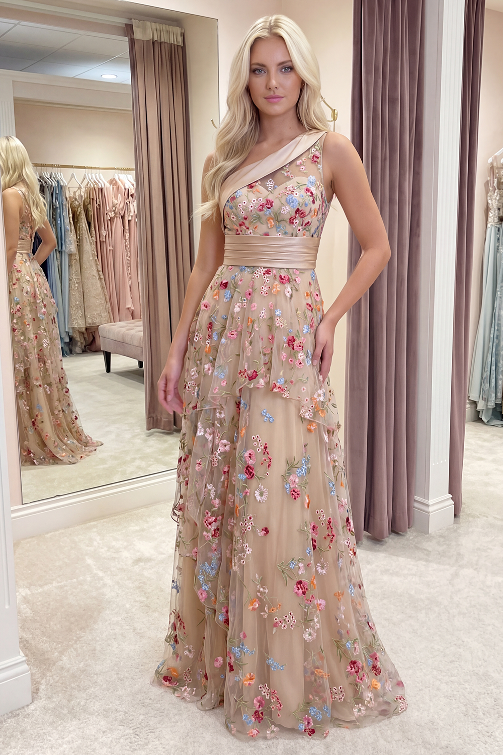 Champagne One Shoulder Long A Line Floral Formal Dress with Ruffles