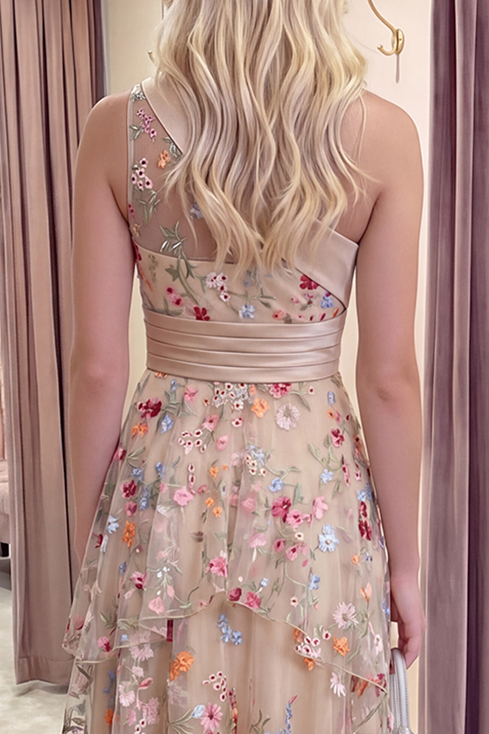 Champagne One Shoulder Long A Line Floral Formal Dress with Ruffles