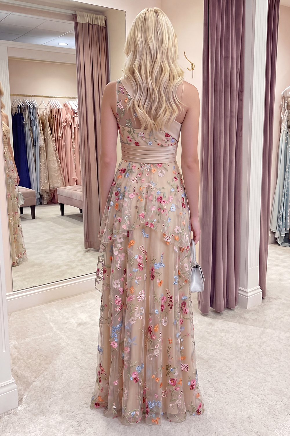 Champagne One Shoulder Long A Line Floral Formal Dress with Ruffles