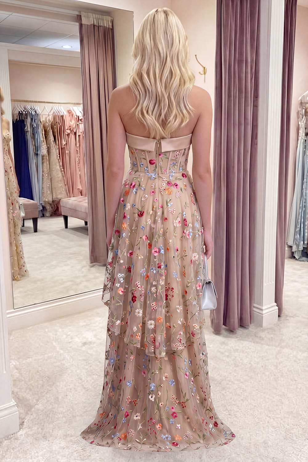 Champagne Basque Waist Floral High Low Corset Formal Dress with Ruffles