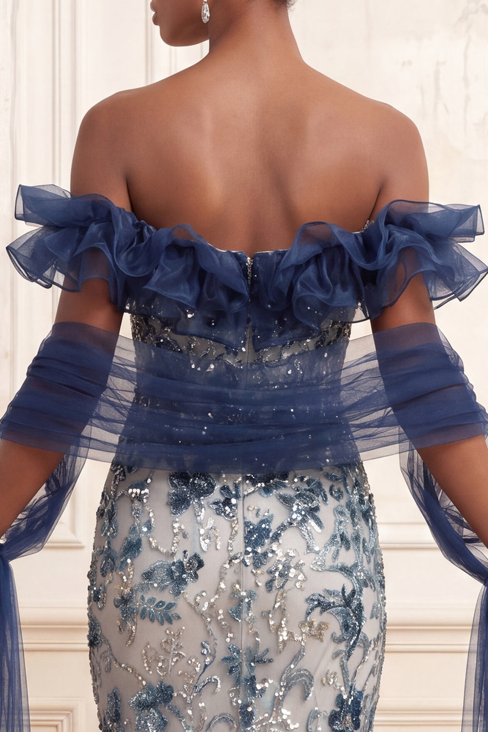 Mermaid Sparkly Navy Off the Shoulder Floral Long Beaded Prom Dress with Ruffles