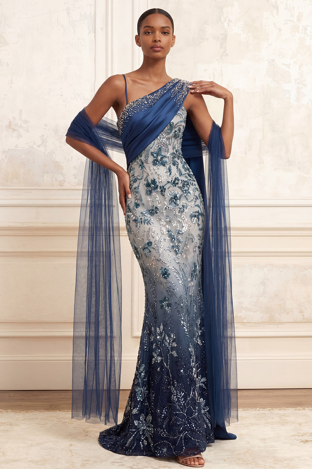 Sparkly Navy Ruched Mermaid One Shoulder Floral Long Beaded Prom Dress