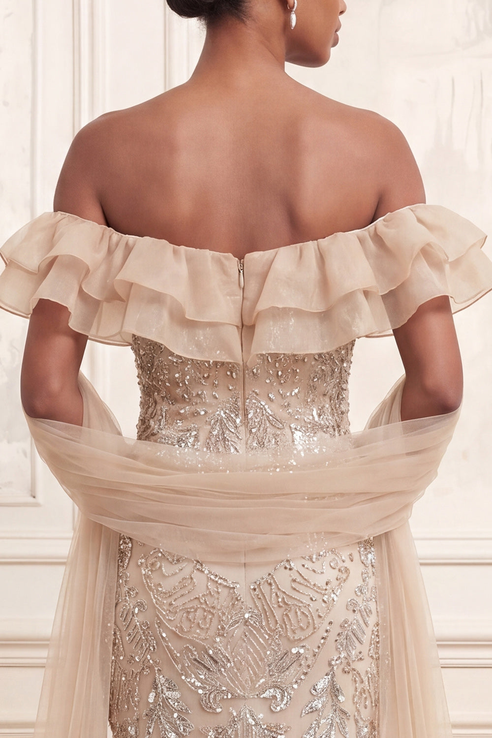 Sparkly Apricot Beaded Mermaid Long Ruffled Prom Dress with Shawl