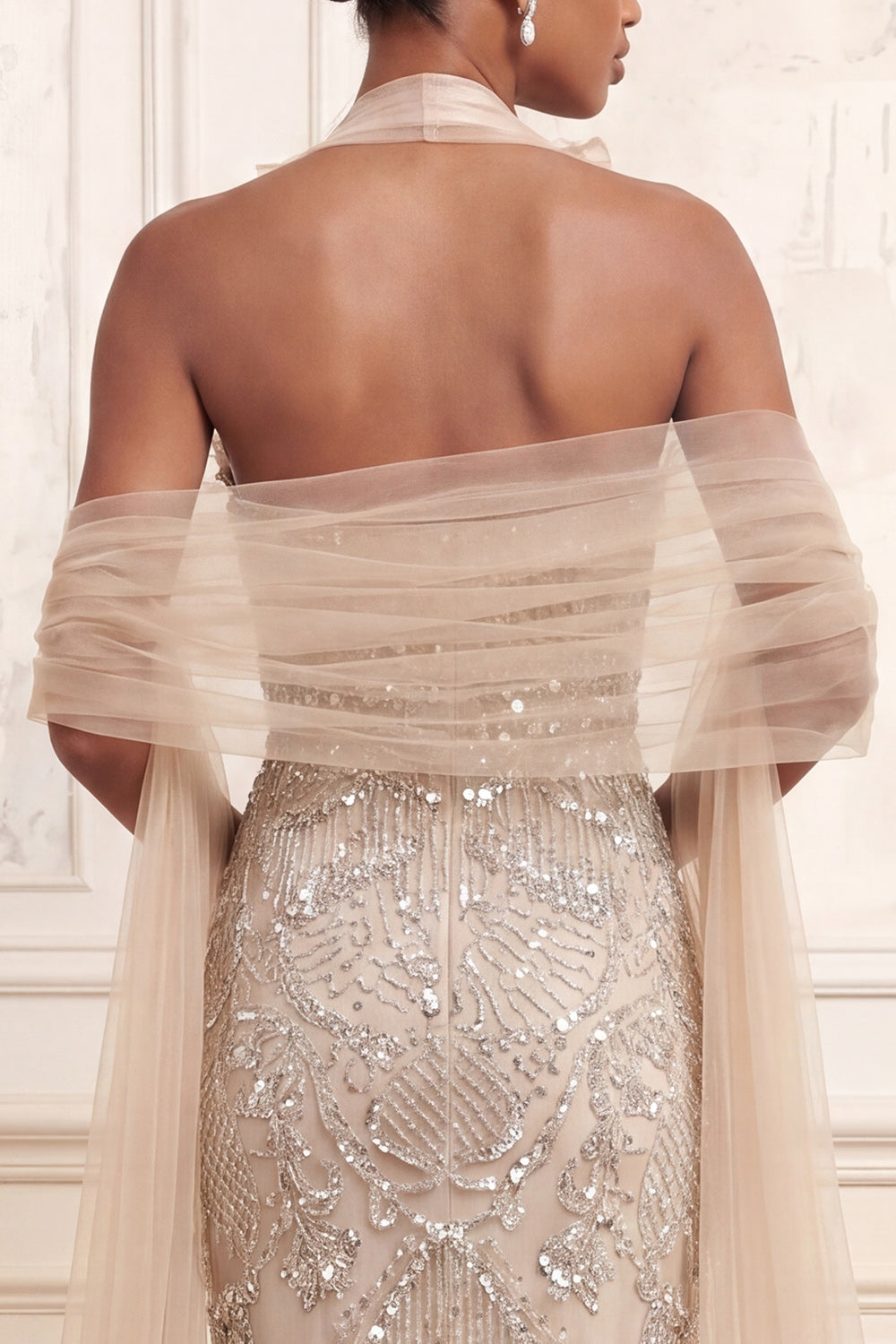 Sparkly Apricot Halter Mermaid Ruffled Long Beaded Prom Dress with Shawl