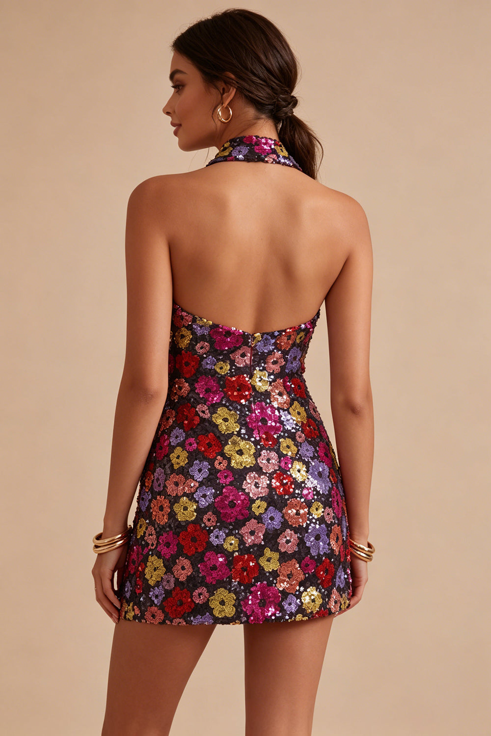 Sparkly Black Tight Short Floral Sequin Halter Backless Homecoming Dress