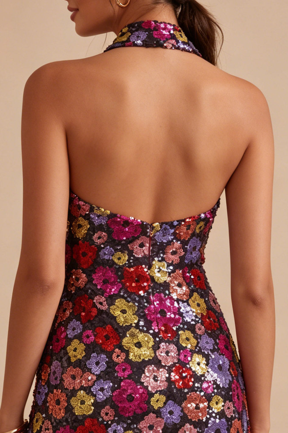Sparkly Black Tight Short Floral Sequin Halter Backless Homecoming Dress