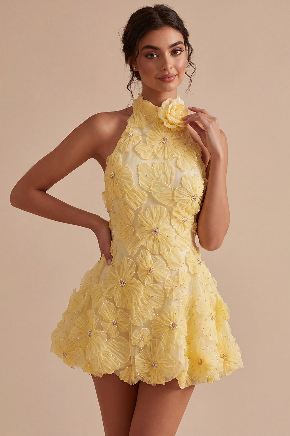 Berlinnova Floral Daffodil Short Homecoming Dress with Beading Backless Halter A Line Birthday Dress