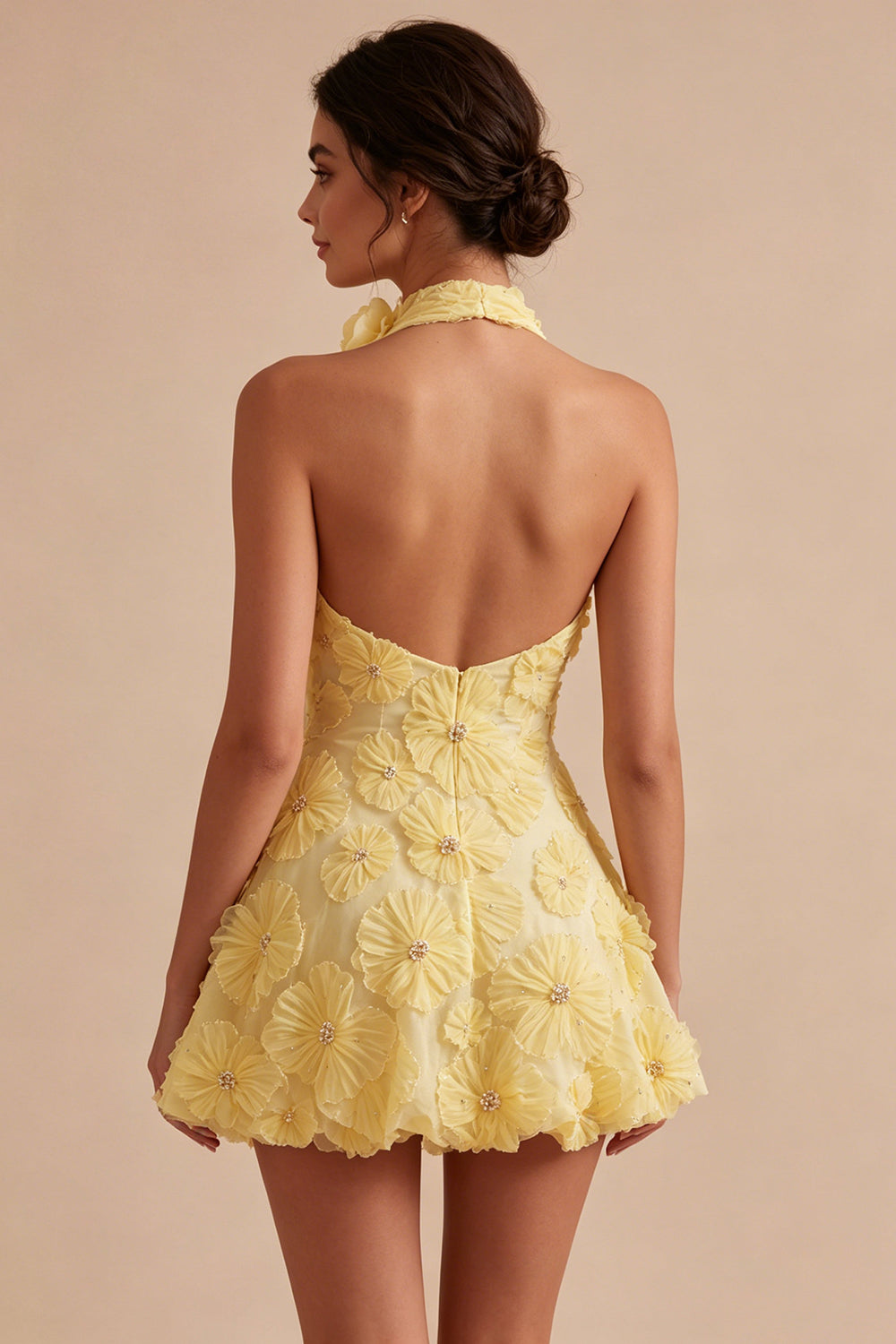 Floral Halter Daffodil A Line Short Backless Homecoming Dress with Beading