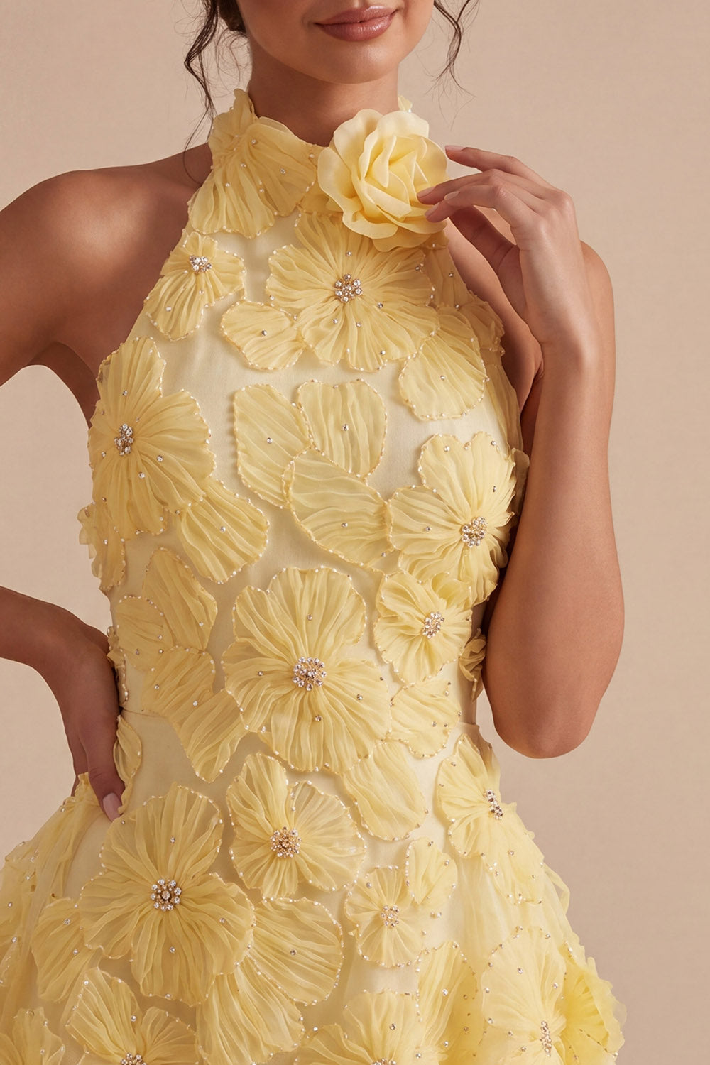 Floral Halter Daffodil A Line Short Backless Homecoming Dress with Beading