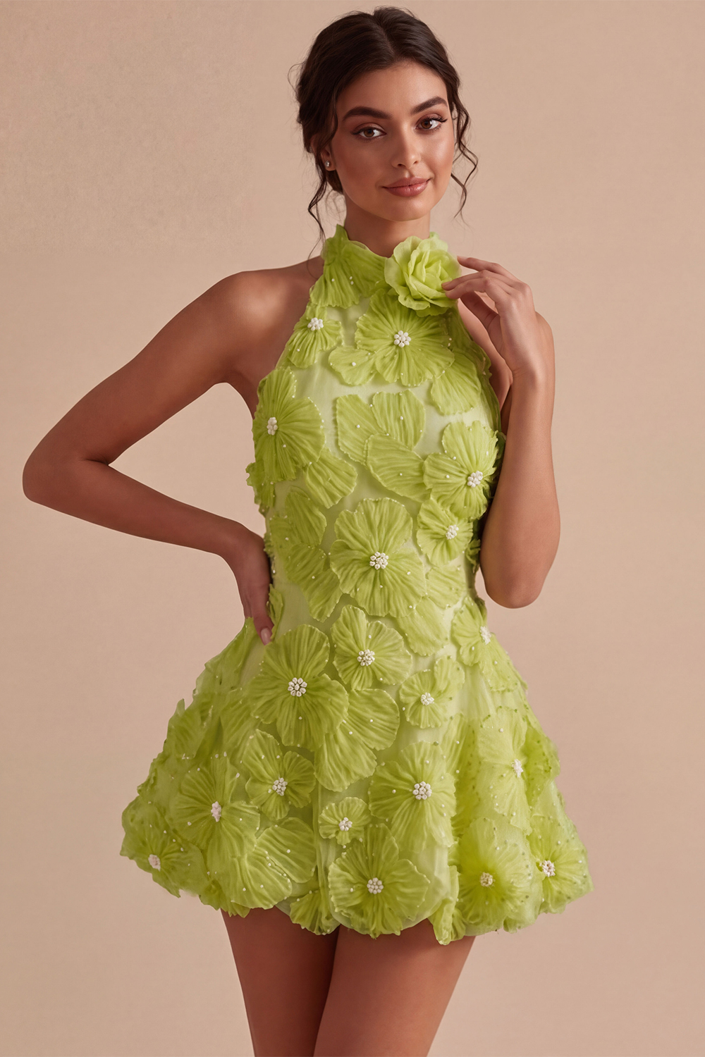 Floral Halter Daffodil A Line Short Backless Homecoming Dress with Beading