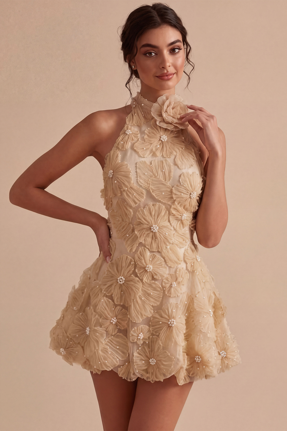 Floral Halter Daffodil A Line Short Backless Homecoming Dress with Beading