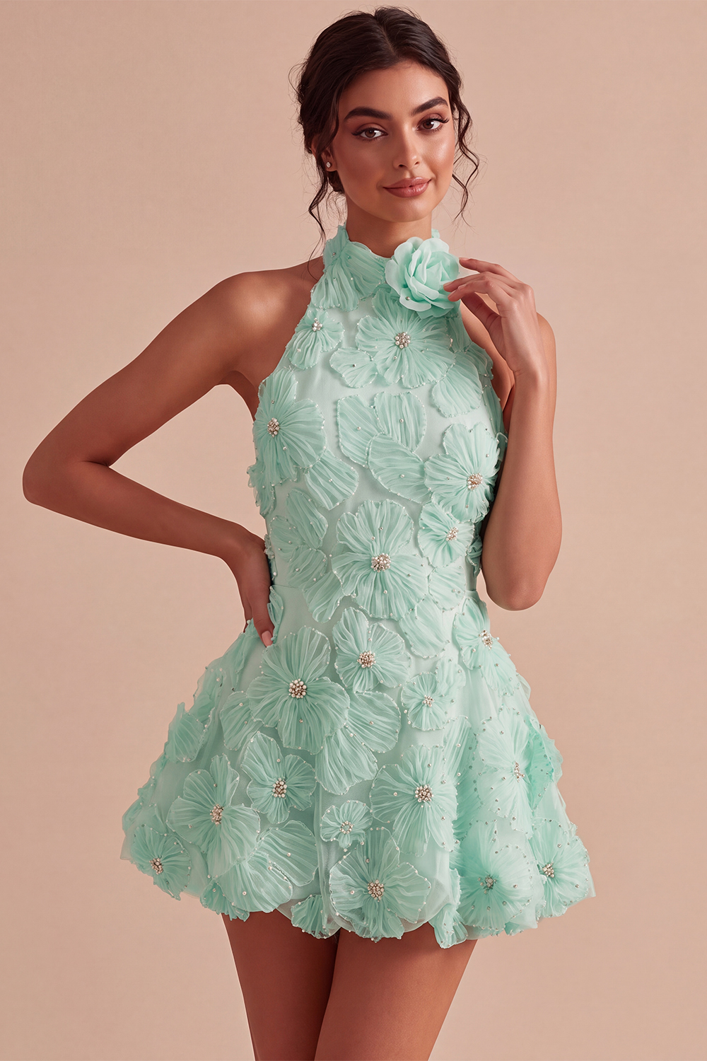 Floral Halter Daffodil A Line Short Backless Homecoming Dress with Beading