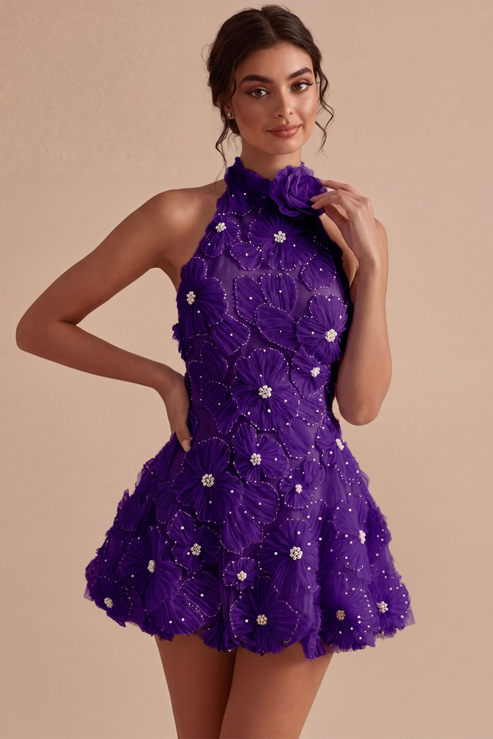 Floral Halter Daffodil A Line Short Backless Homecoming Dress with Beading