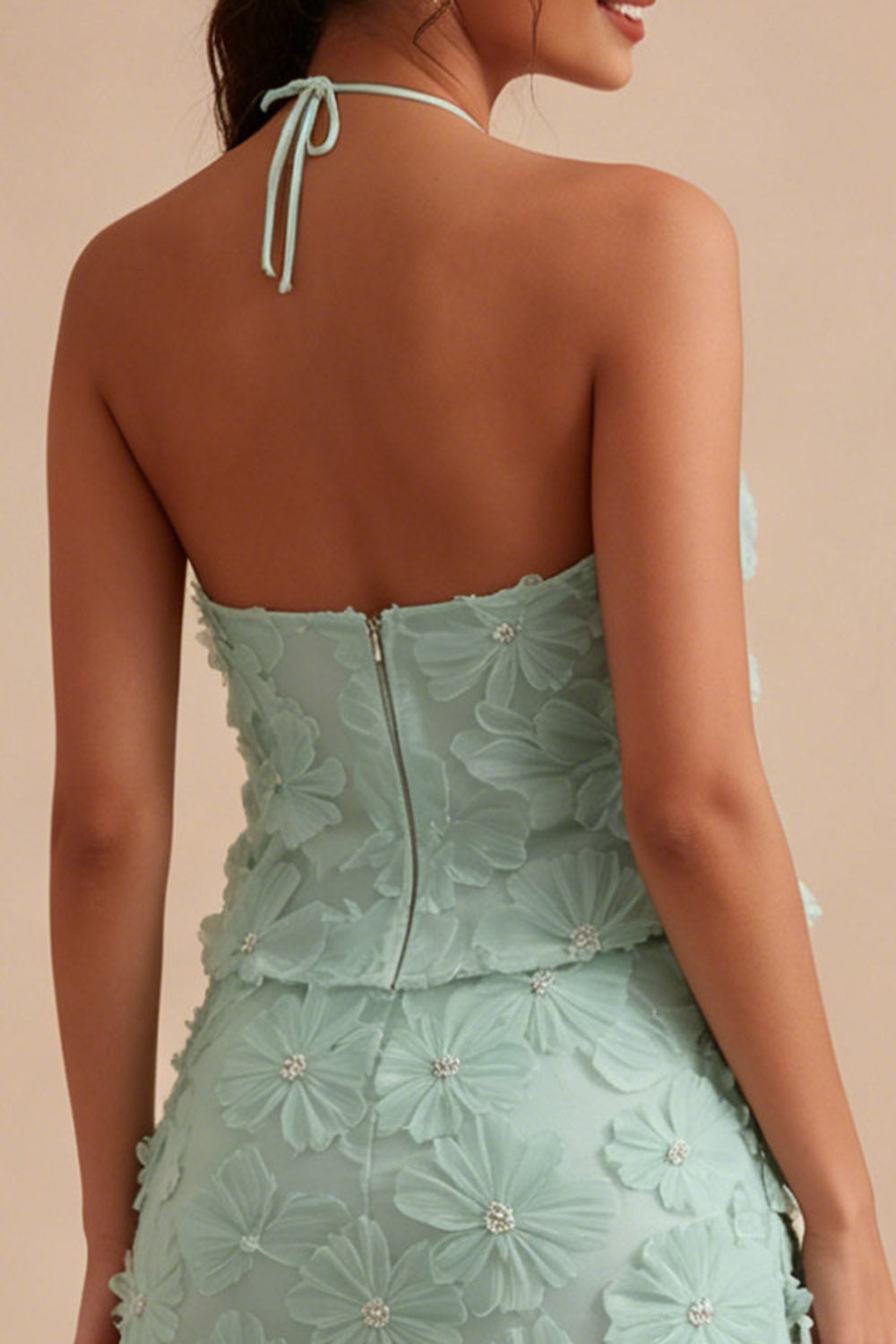 Mint Green 2 Piece Halter Floral Short Tight Homecoming Dress
