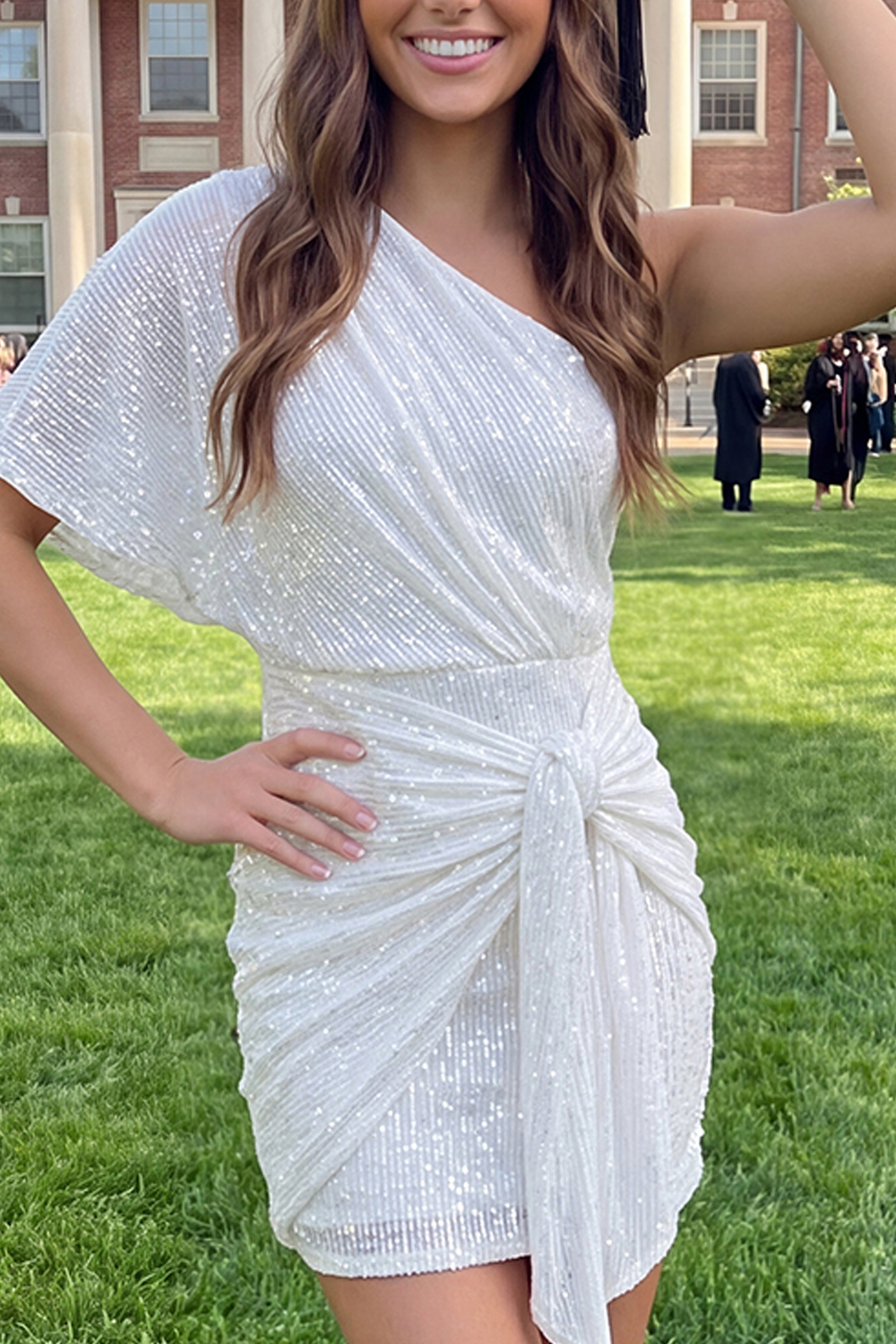 Sparkly White Ruched Tight One Shoulder Short Graduation Dress with Beading