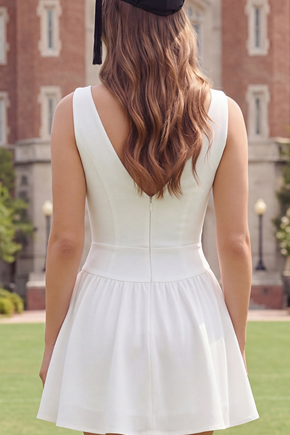 White Floral V-Neck Short A Line Graduation Dress