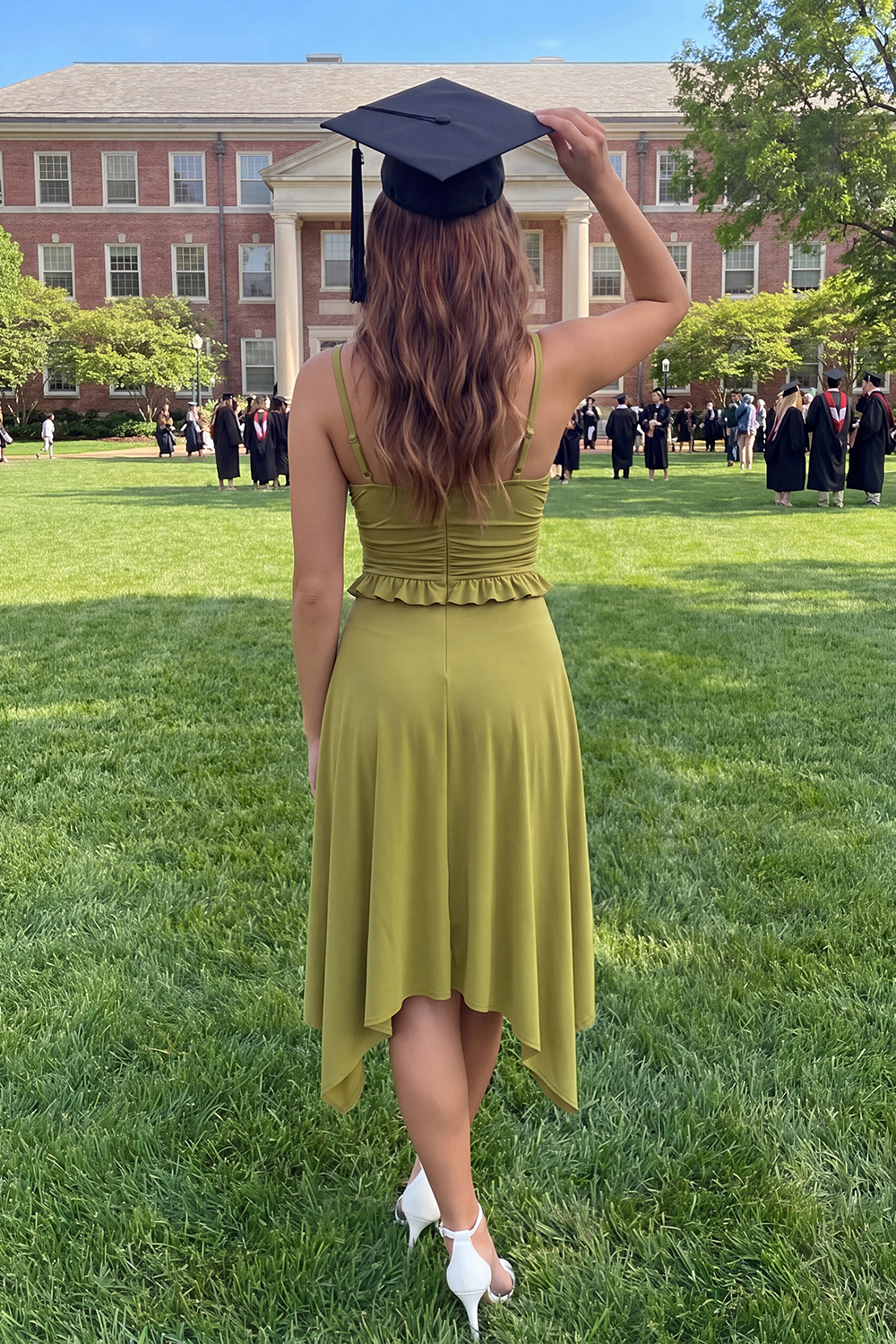Olive Spaghetti Straps Asymmetrical A Line Graduation Dress