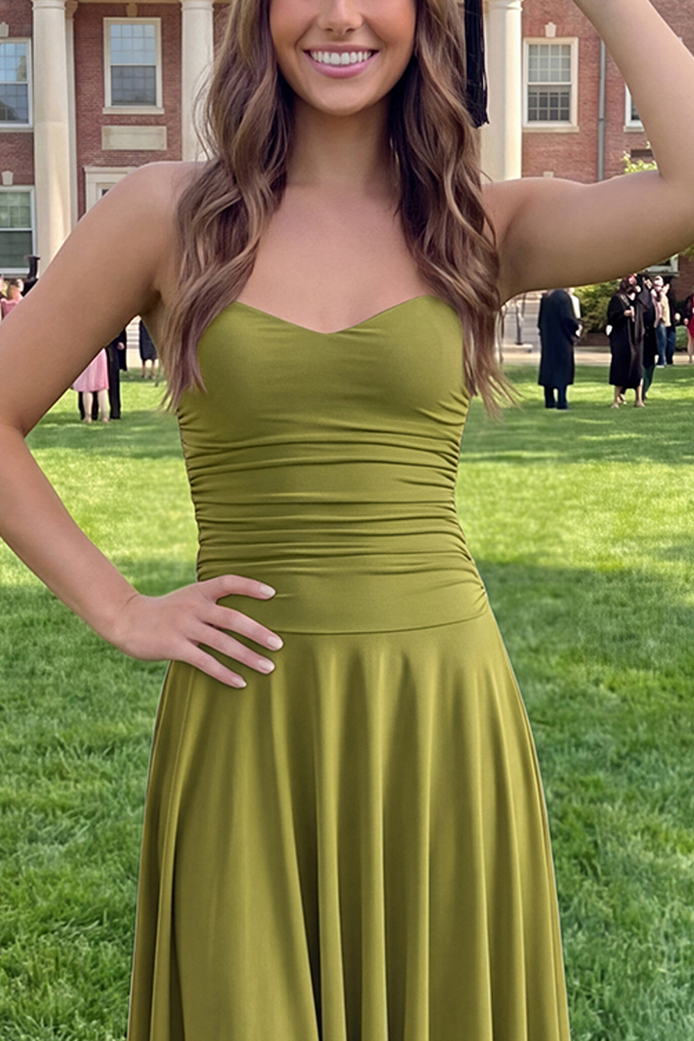 Olive Spaghetti Straps Asymmetrical A Line Graduation Dress